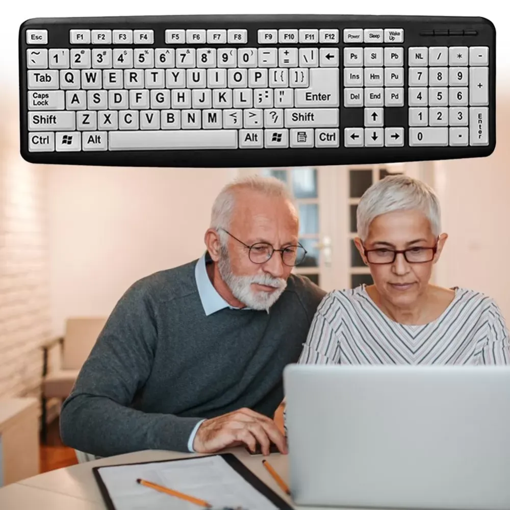 107 Key USB Wired Big Print White Key Black Letter Keyboard for Elder Old People Designed for People With Visual Impairment