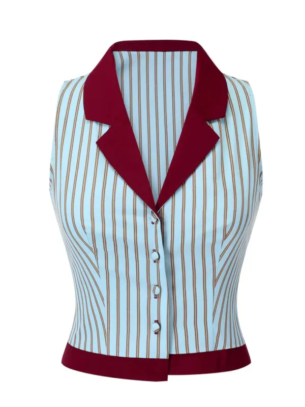 BLUE 1950S STRIPES PATCHWORK SLEEVELESS BLOUSE